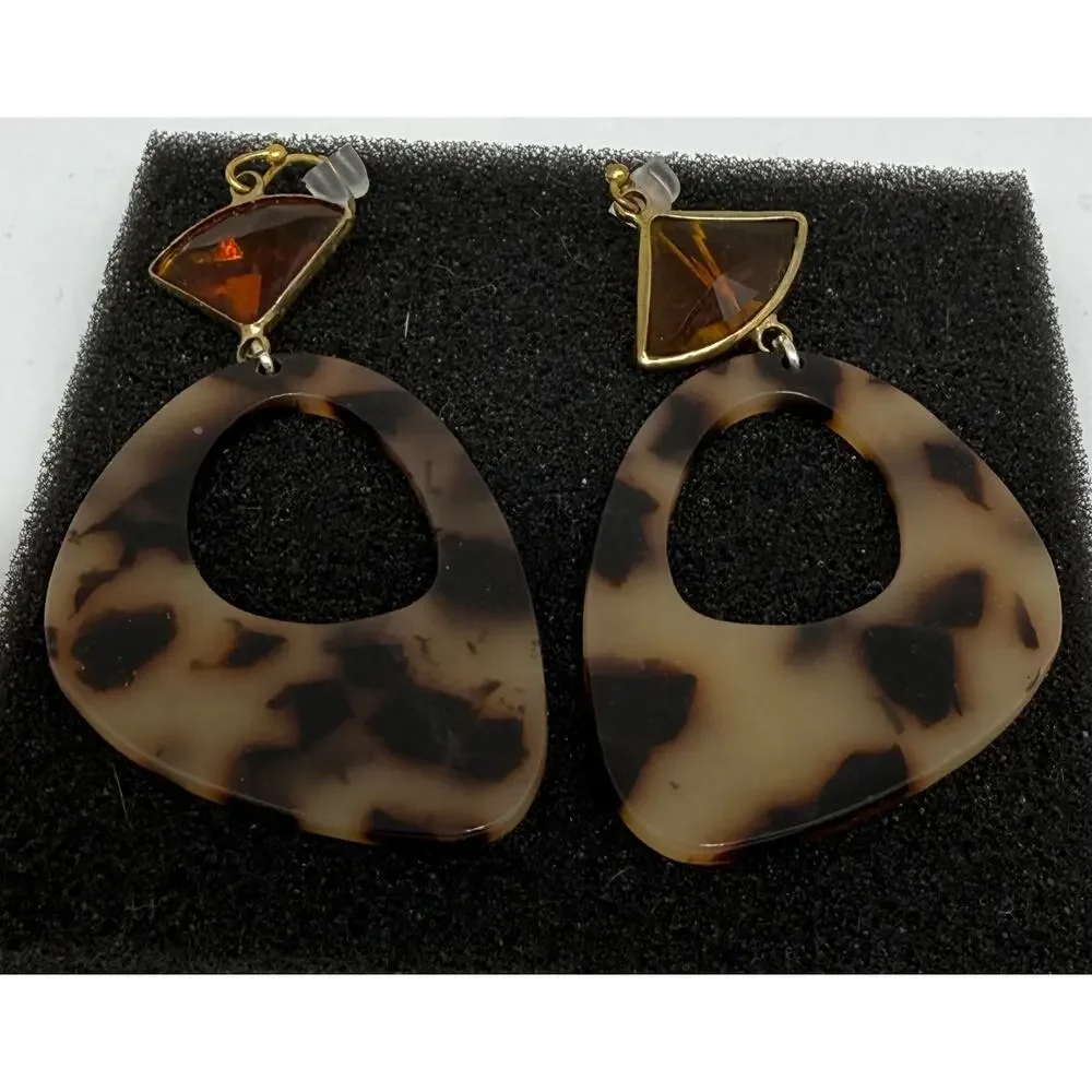 Tortoise Shell Amber Resin Dangle Earrings Geometric Statement Goldtone Boho Mod